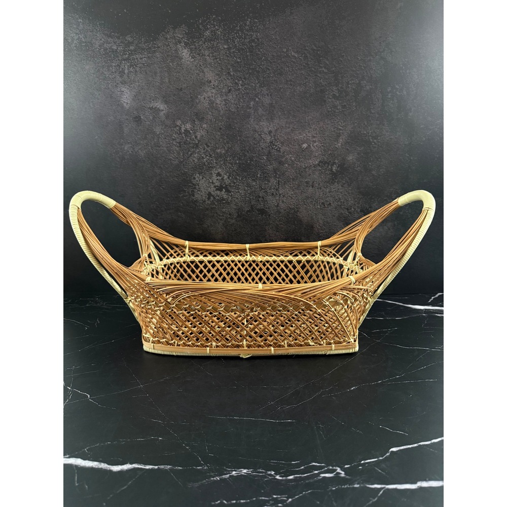 VTG Open Weave Bohemian Wicker Rattan Peacock Basket 21X11X9